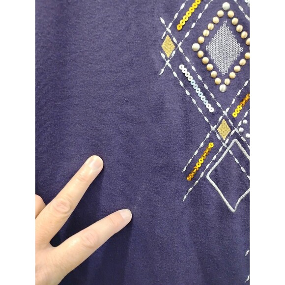 Karen Scott Pullover Knit Top Decor V-Neck 3/4 Sleeve SZ M Purple Cotton Blouse - Picture 4 of 7